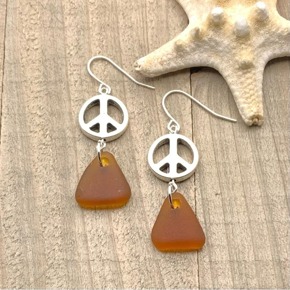 Sea Glass Beach Peace Sign Drop Earrings| Authentic Brown Seaglass |Gift For Her